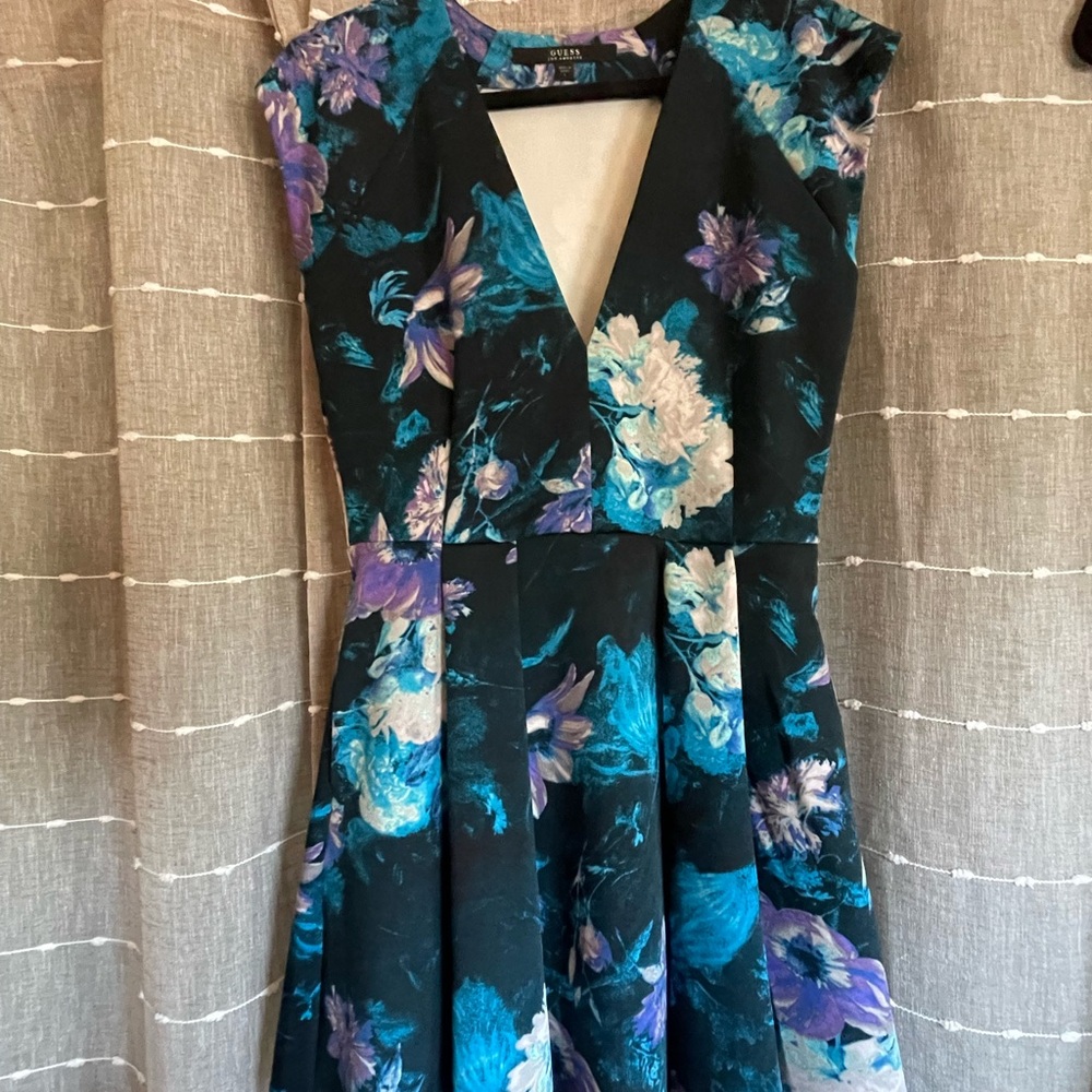 Guess Blue and White Fit and Flare Midi Dress